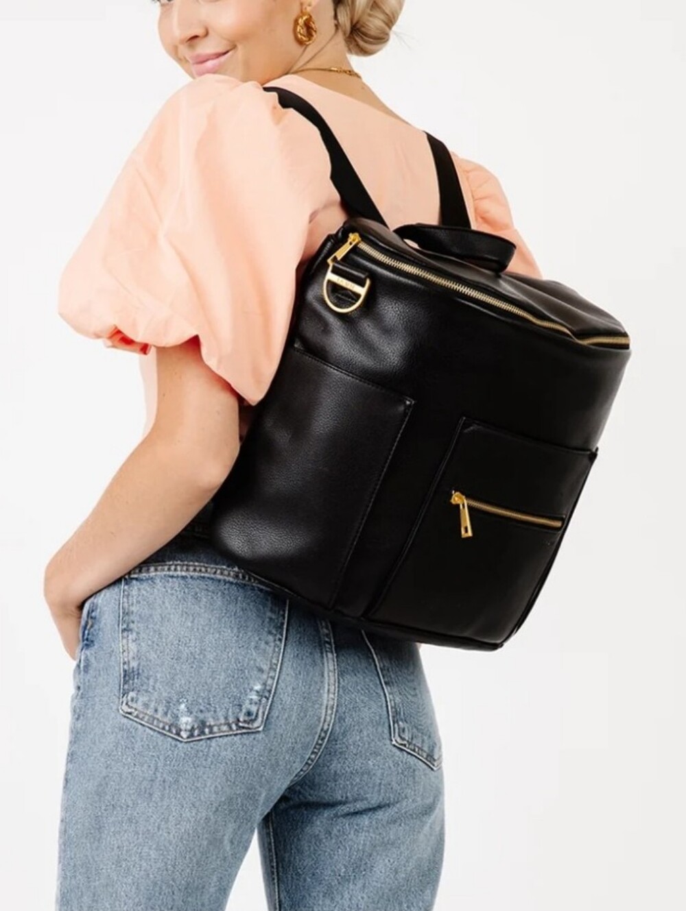 Fawn Design The Original Large Backpack Messenger Diaper Bag BLACK Vegan Leather
